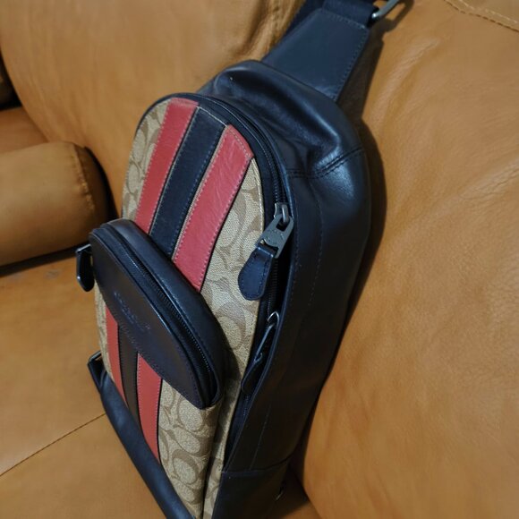 Coach Men’s Signature Canvas Sling Backpack – Red/Black Stripe - Picture 2 of 3